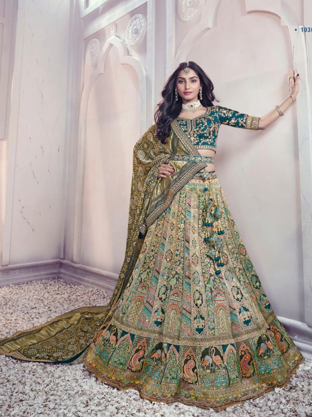 Embroidered Dola Silk Bridal Lehenga with Double Chunni in Multicolor Color-61148