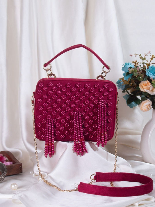 Pink Coloured Briefcase Style Pearl Work Clutch and HandBag-40933