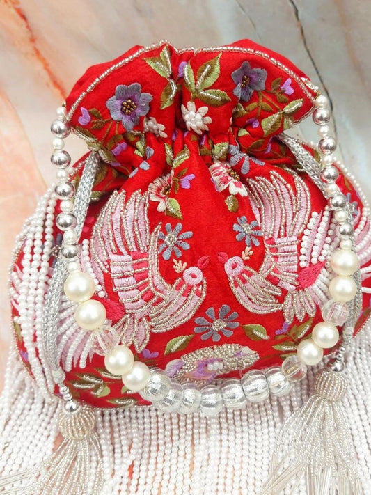 Red color Designer Heavy Pearl Double Sided Embroidered Handcrafted Potli-40945