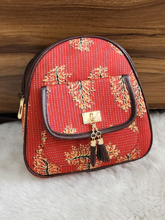 Red Coloured Cotton Double partition Embellished Sling Bag-40912