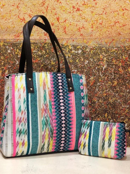 Multi-Coloured Polyester Prints Jacquard Triple partition Handbag-40927