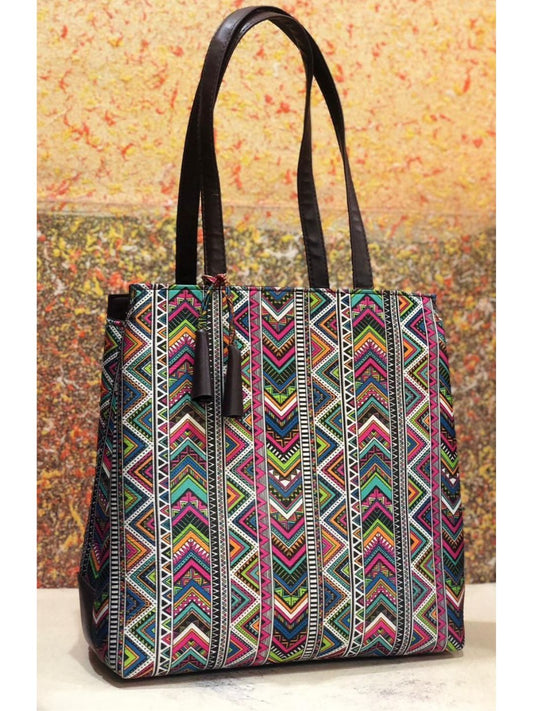 Multicolor-Colored Polyester prints Cotton Triple partition Oversized Shopper Tote Bag-40908