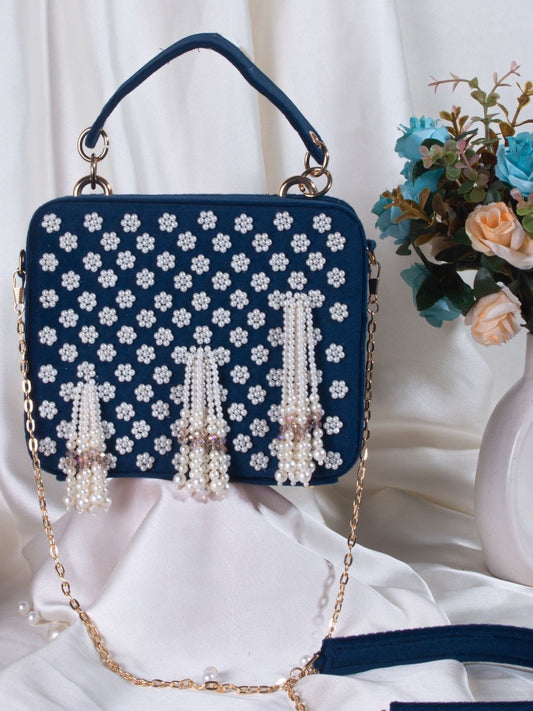 Blue Coloured Briefcase Style Pearl Work Clutch and HandBag-40936