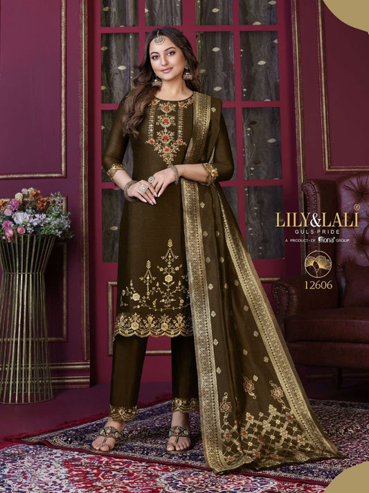 Sonakshi Sinha Bollywood Embroidered Silk Pakistani Style Salwar Kameez in Brown Color-71037