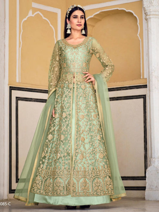 Net Embroidered Bollywood Salwar Kameez in Green with Coding & Stone work-81971