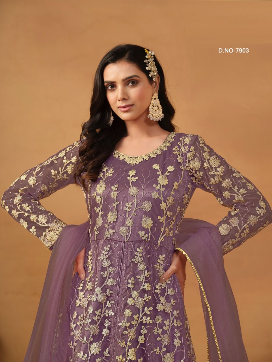 Net Embroidered Bollywood Salwar Kameez in Purple with Stone work-81995
