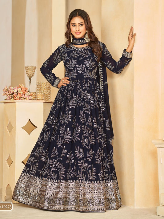 Georgette Embroidered Bollywood Salwar Kameez in Blue with Stone work-81982