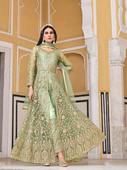 Net Embroidered Bollywood Salwar Kameez in Green with Coding & Stone work-81971