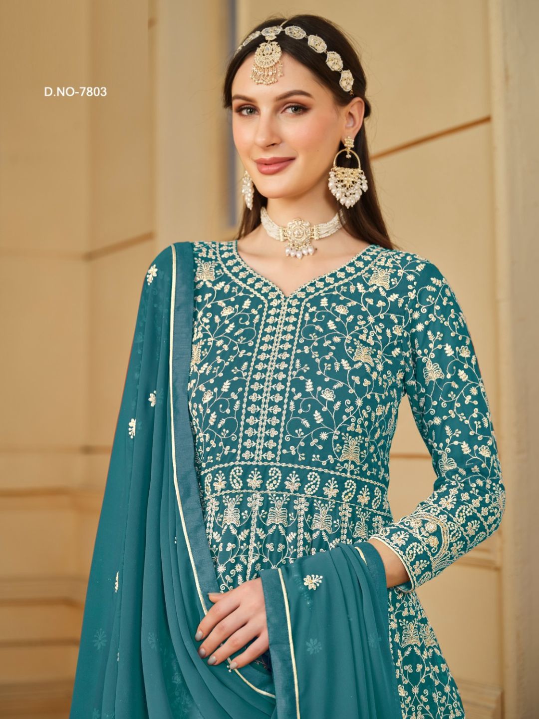 Georgette Embroidered Bollywood Salwar Kameez in Blue with Stone work-81991