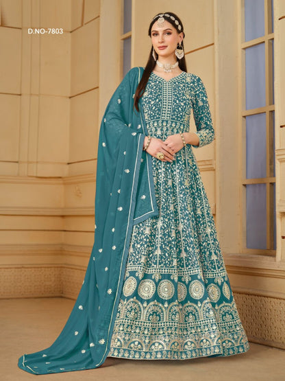 Georgette Embroidered Bollywood Salwar Kameez in Blue with Stone work-81991