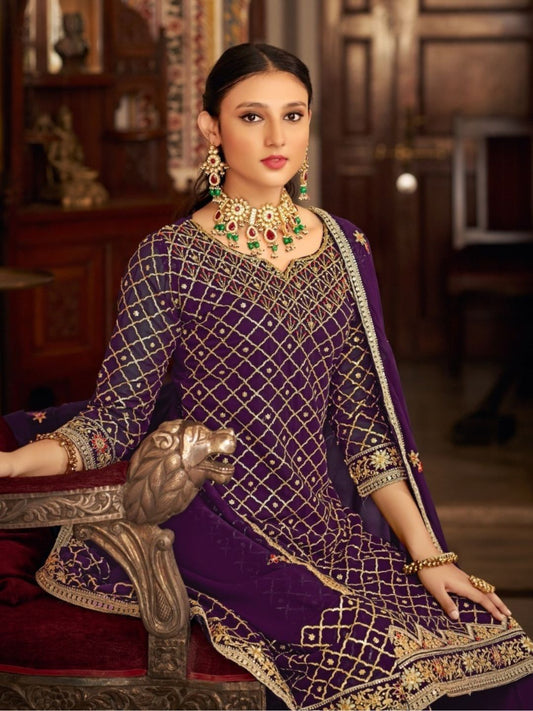 Embroidered Chinon Semi Stitched Gharara style Salwar Kameez in Purple Color-81561