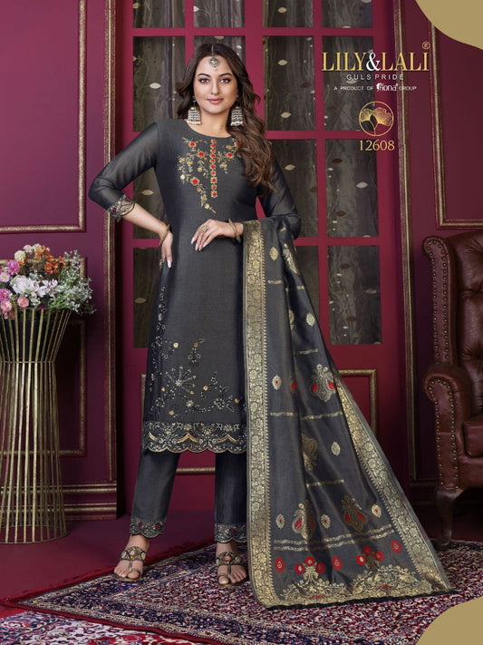 Sonakshi Sinha Bollywood Embroidered Silk Pakistani Style Salwar Kameez in Grey Color-71039