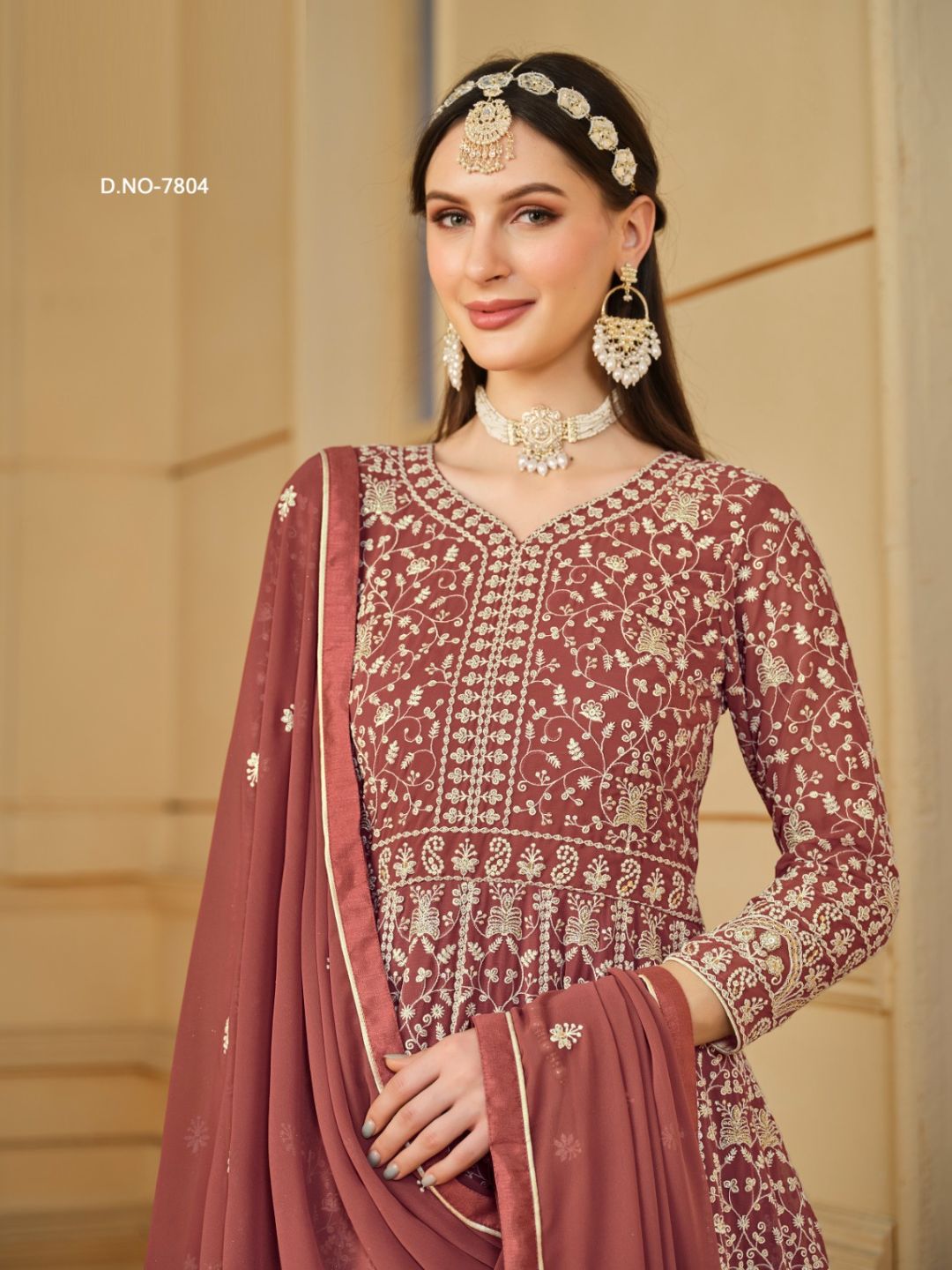 Georgette Embroidered Bollywood Salwar Kameez in Beige and Brown with Stone work-81988