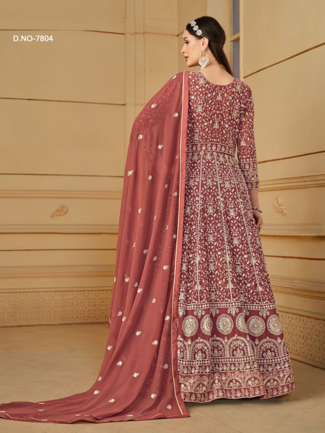 Georgette Embroidered Bollywood Salwar Kameez in Beige and Brown with Stone work-81988