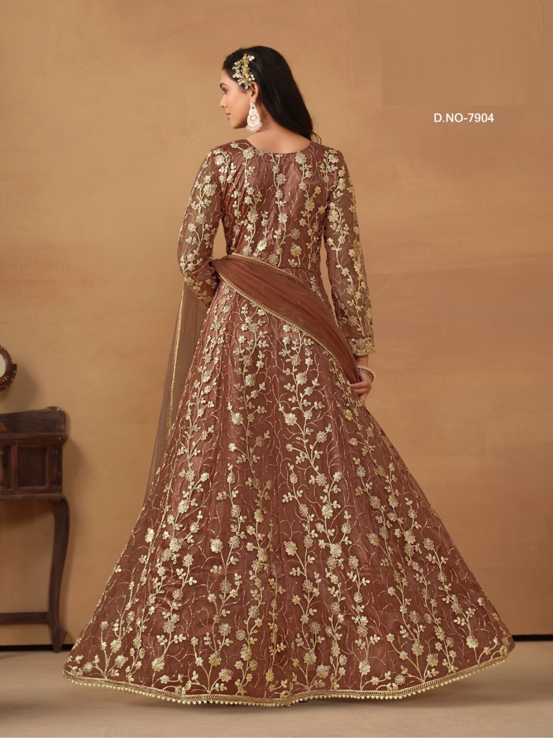 Net Embroidered Bollywood Salwar Kameez in Beige and Brown with Stone work-81992