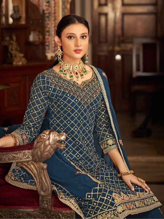 Embroidered Chinon Semi Stitched Gharara style Salwar Kameez in Blue Color-81562