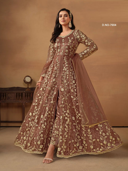 Net Embroidered Bollywood Salwar Kameez in Beige and Brown with Stone work-81992