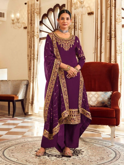 Embroidered Vichitra Festive Straight Salwar Kameez in Puple