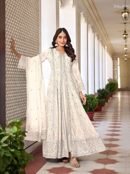 Georgette Embroidered Bollywood Salwar Kameez in cream with Stone work-81987