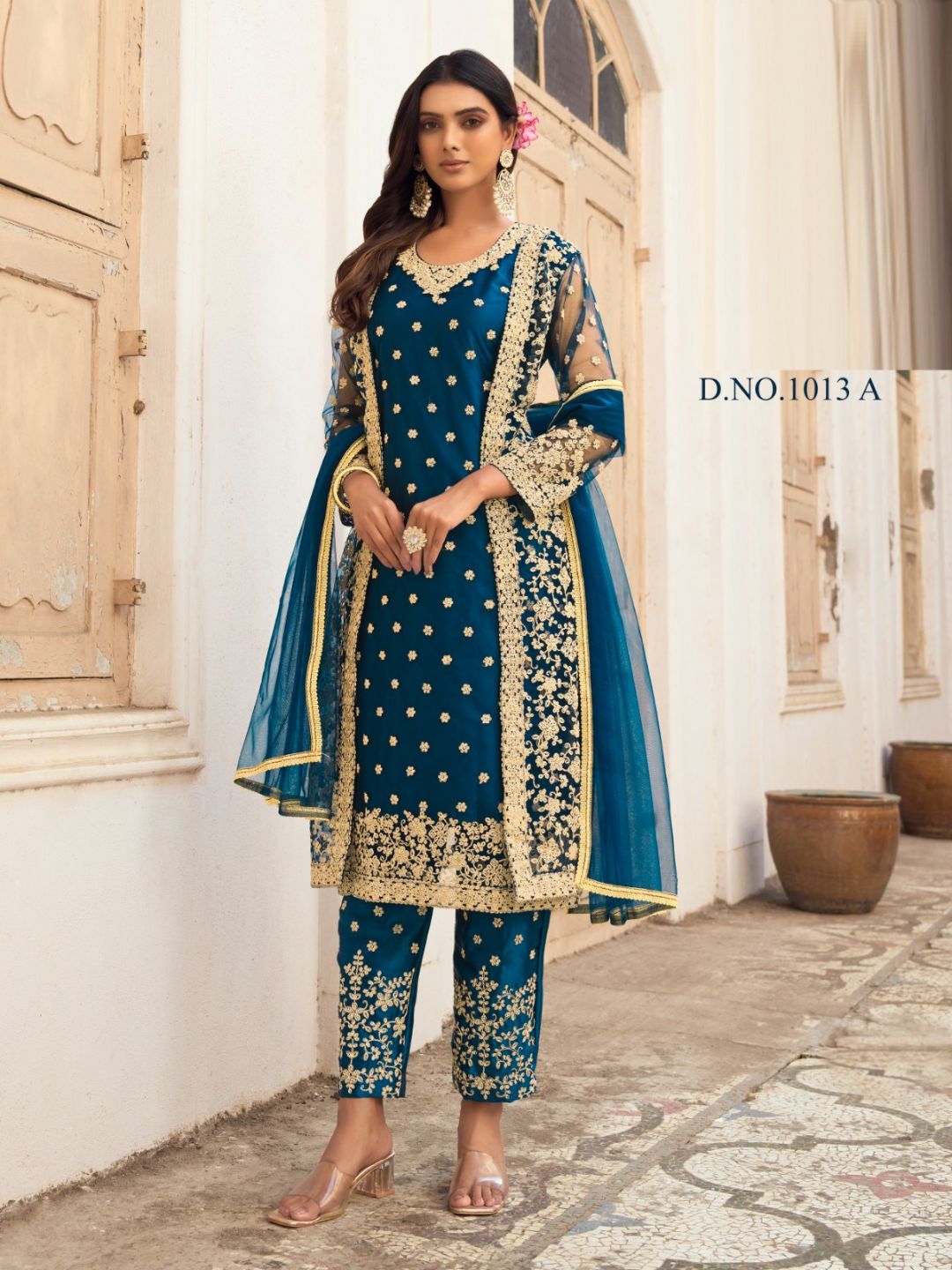 Embroidered Net Pent Salwar Kameez in Blue Color