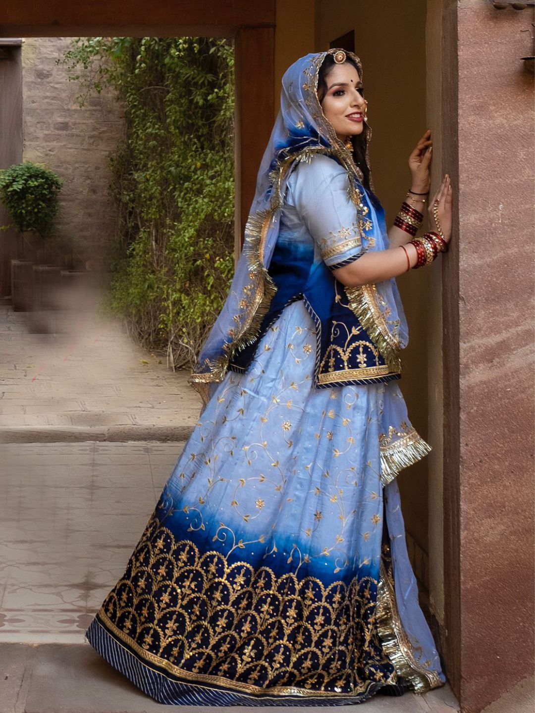 Double Shaded Viscoss Upada Silk Traditional Rajputi Poshak In Blue