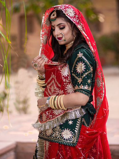 Upada Silk Wedding Sangeet Rajputi Poshak In Red and Green Color-61012