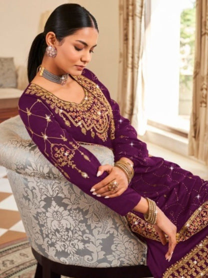 Embroidered Vichitra Festive Straight Salwar Kameez in Puple