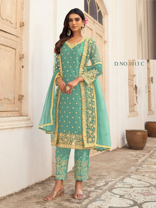 Embroidered Net Pent Salwar Kameez in Light Green Color