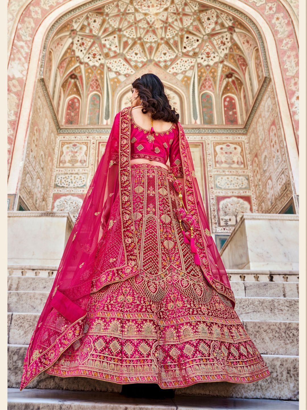 Stone Velvet Bridal Wedding Lehenga in Pink