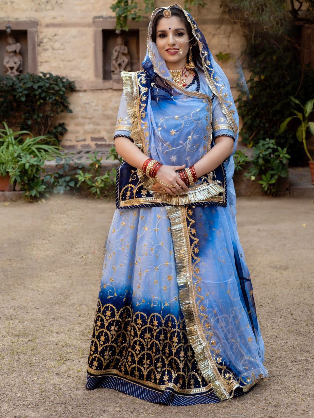 Double Shaded Viscoss Upada Silk Traditional Rajputi Poshak In Blue