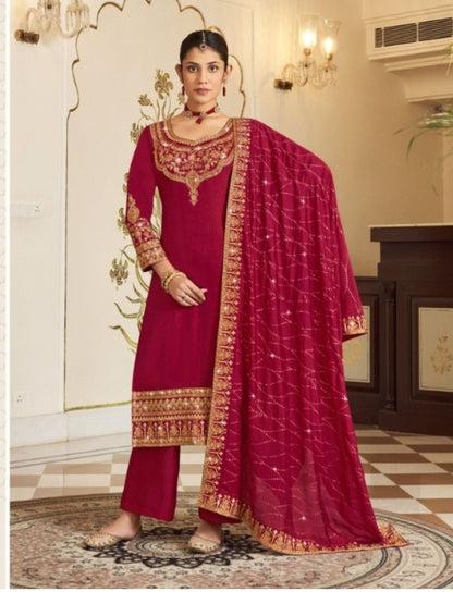 Embroidered Net Pent Salwar Kameez in Red Color