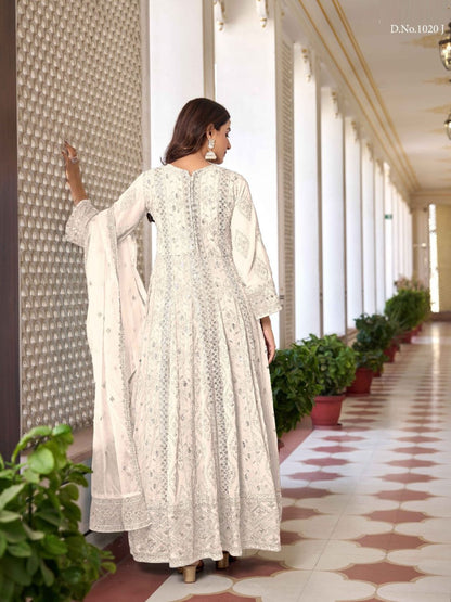 Georgette Embroidered Bollywood Salwar Kameez in cream with Stone work-81987