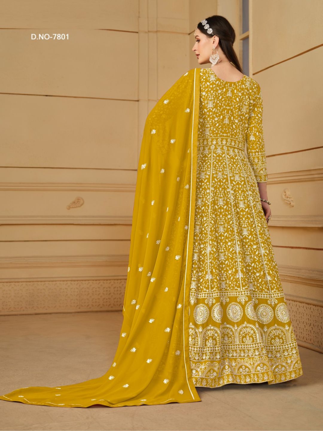 Georgette Embroidered Bollywood Salwar Kameez in Yellow with Stone work-81989
