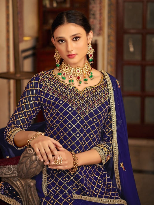 Embroidered Chinon Semi Stitched Gharara style Salwar Kameez in Blue Color-81559