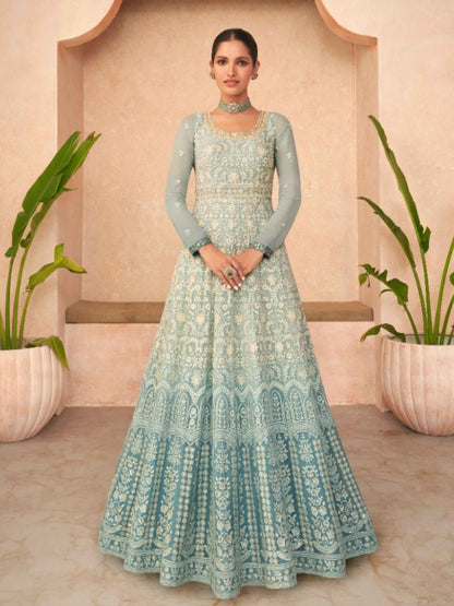 Embroidered Georgette Gown Salwar Kameez in Blue