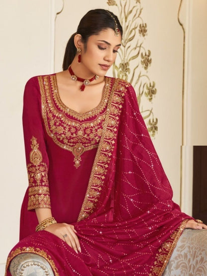 Embroidered Net Pent Salwar Kameez in Red Color