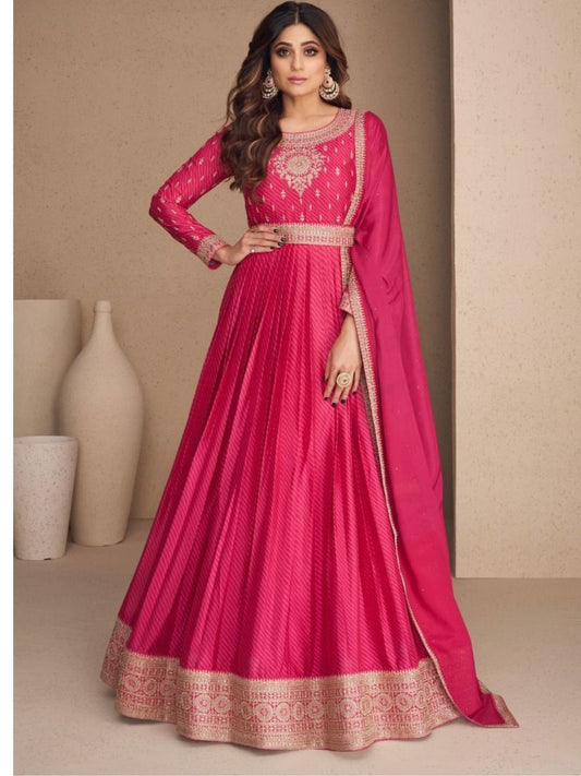 Digital Print Chinon Silk Gown Salwar Kameez in Pink Color