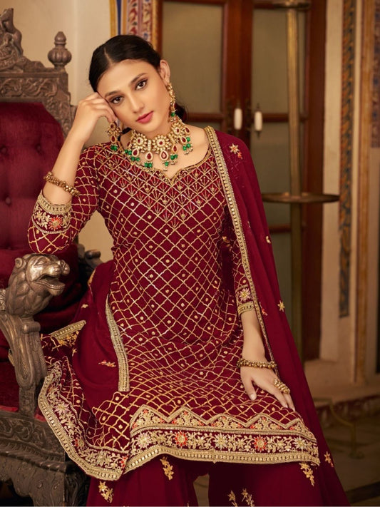 Embroidered Chinon Semi Stitched Gharara style Salwar Kameez in Red Color-81563