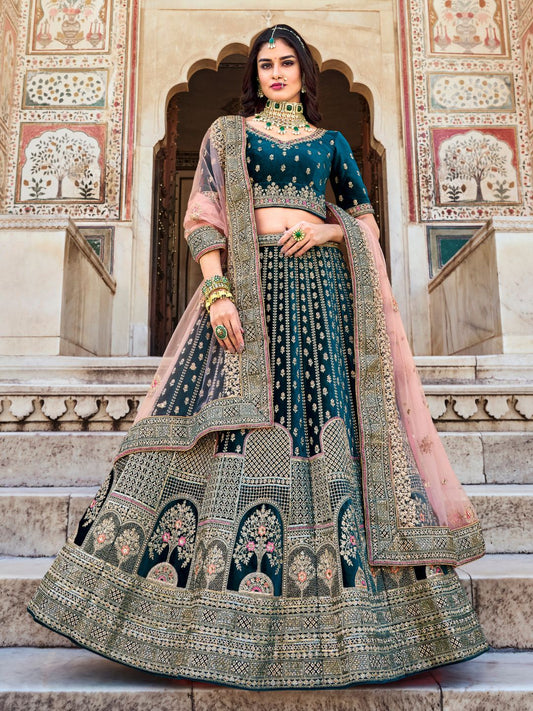 Stone Velvet Bridal Wedding Lehenga in Blue