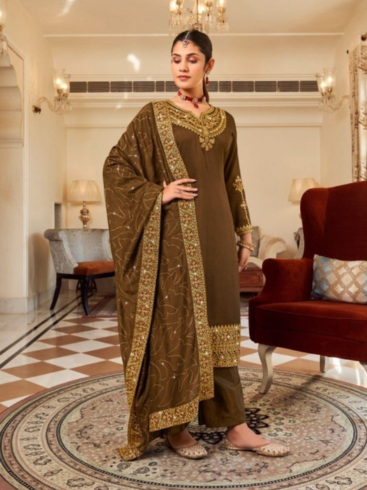 Embroidered Vichitra Festive Straight Salwar Kameez in Dark Golden