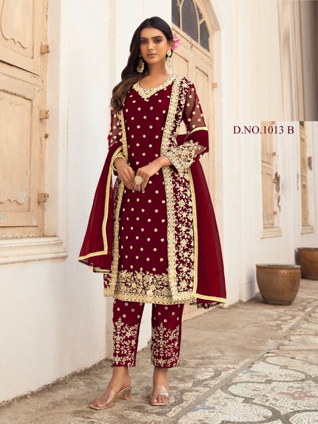 Embroidered Net Pent Salwar Kameez in Maroon Color