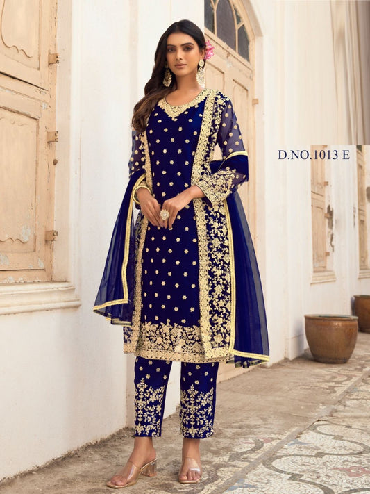 Embroidered Net Pent Salwar Kameez in Blue Color-71005