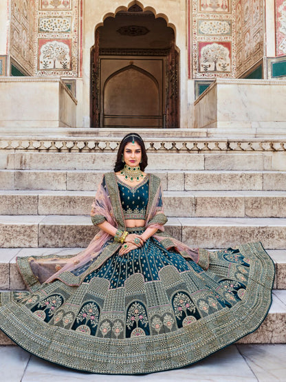 Stone Velvet Bridal Wedding Lehenga in Blue