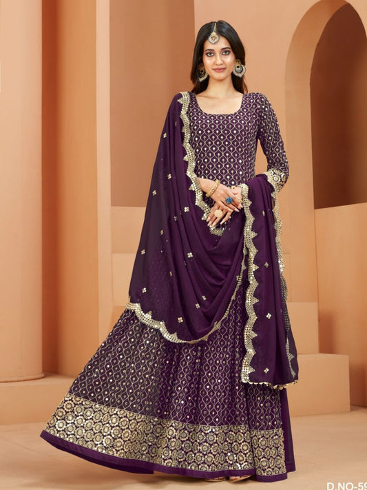 Embroidered Georgette Festive Floor Lenght Salwar Kameez in Puple