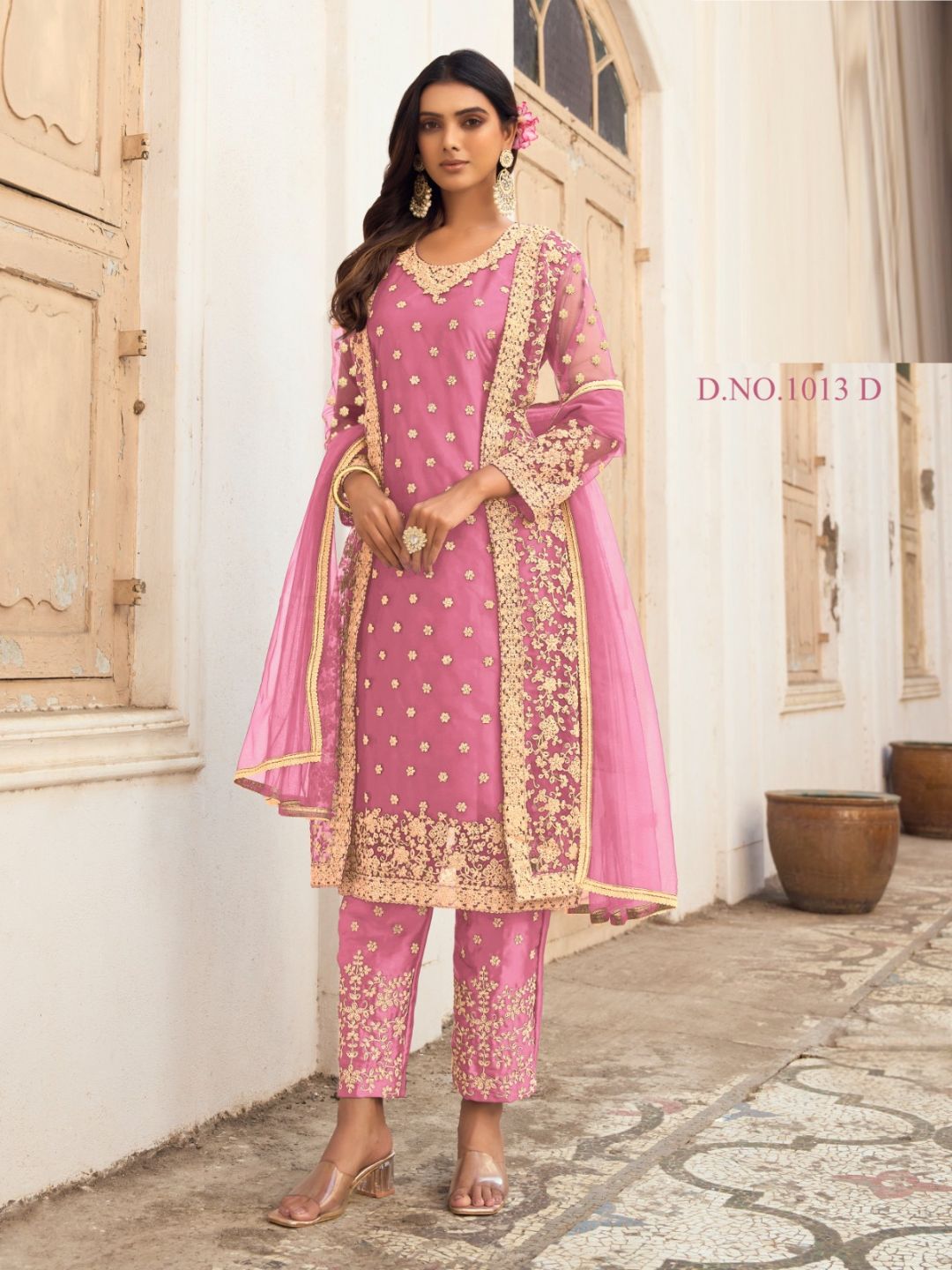 Embroidered Net Pent Salwar Kameez in Pink Color-71006