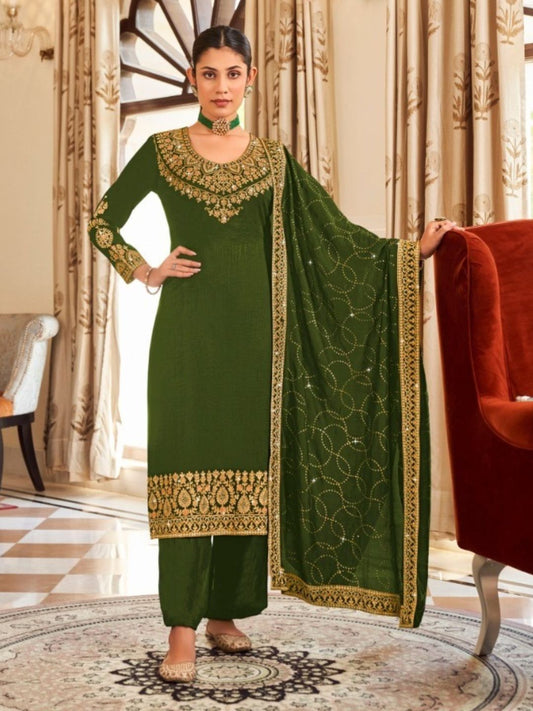 Embroidered Vichitra Festive Straight Salwar Kameez in Green