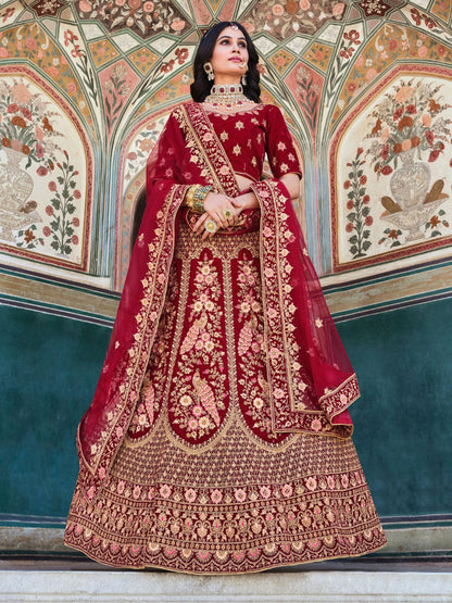 Stone Velvet Bridal Wedding Lehenga in Maroon