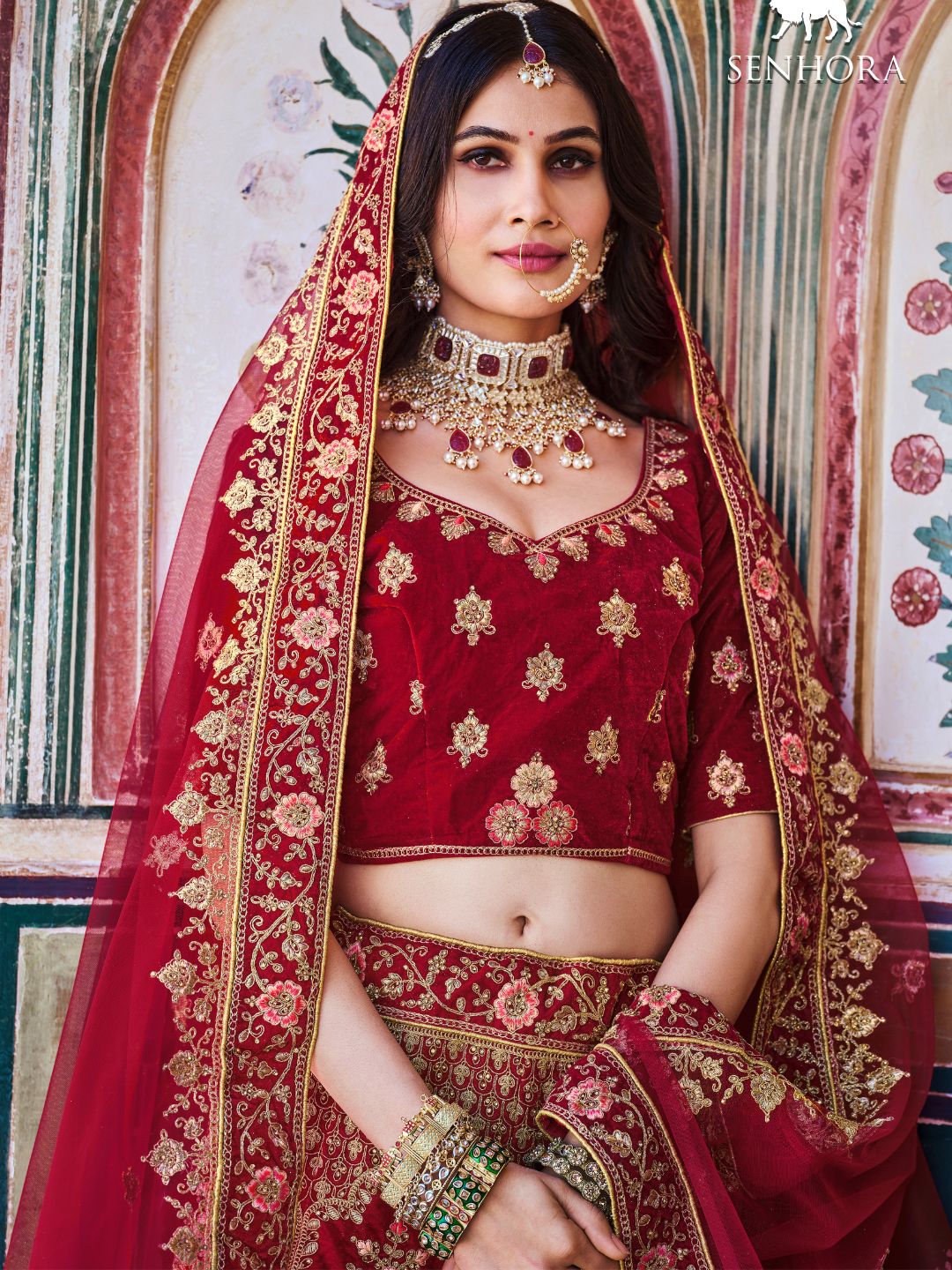 Stone Velvet Bridal Wedding Lehenga in Maroon