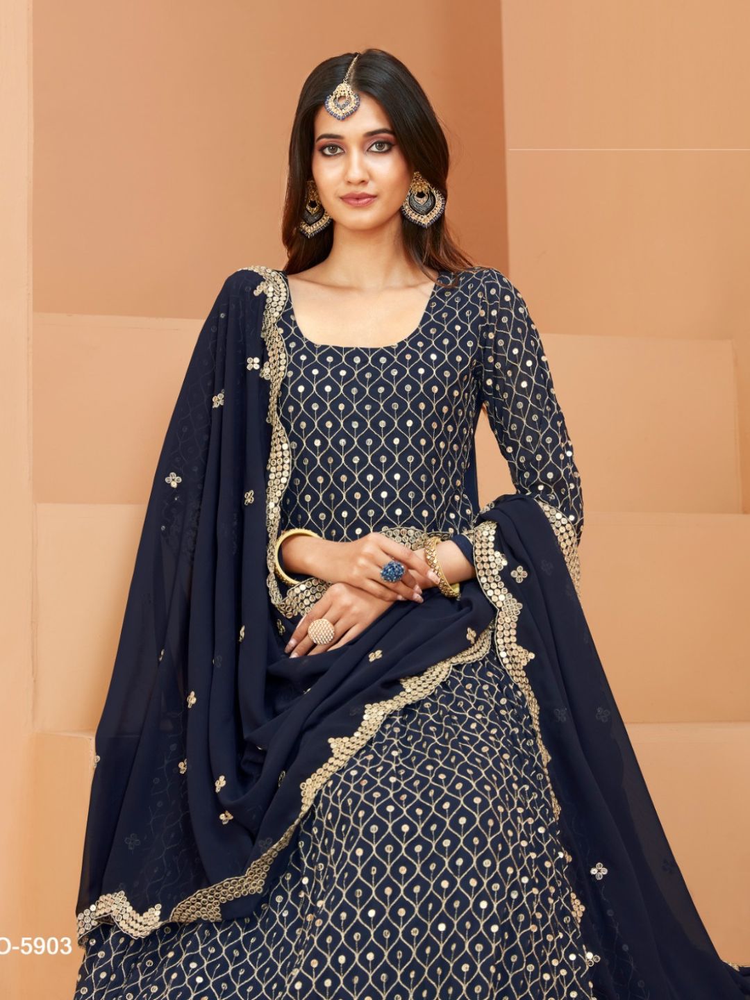 Embroidered Georgette Festive Floor Lenght Salwar Kameez in Blue