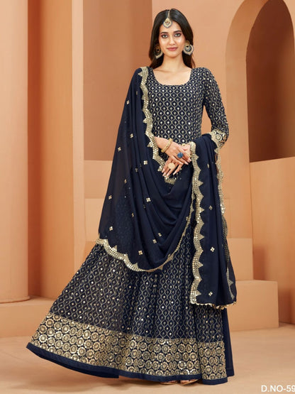 Embroidered Georgette Festive Floor Lenght Salwar Kameez in Blue